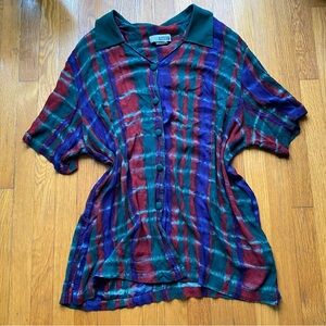 Vintage collared shirt red green blue tie dye plaid pattern